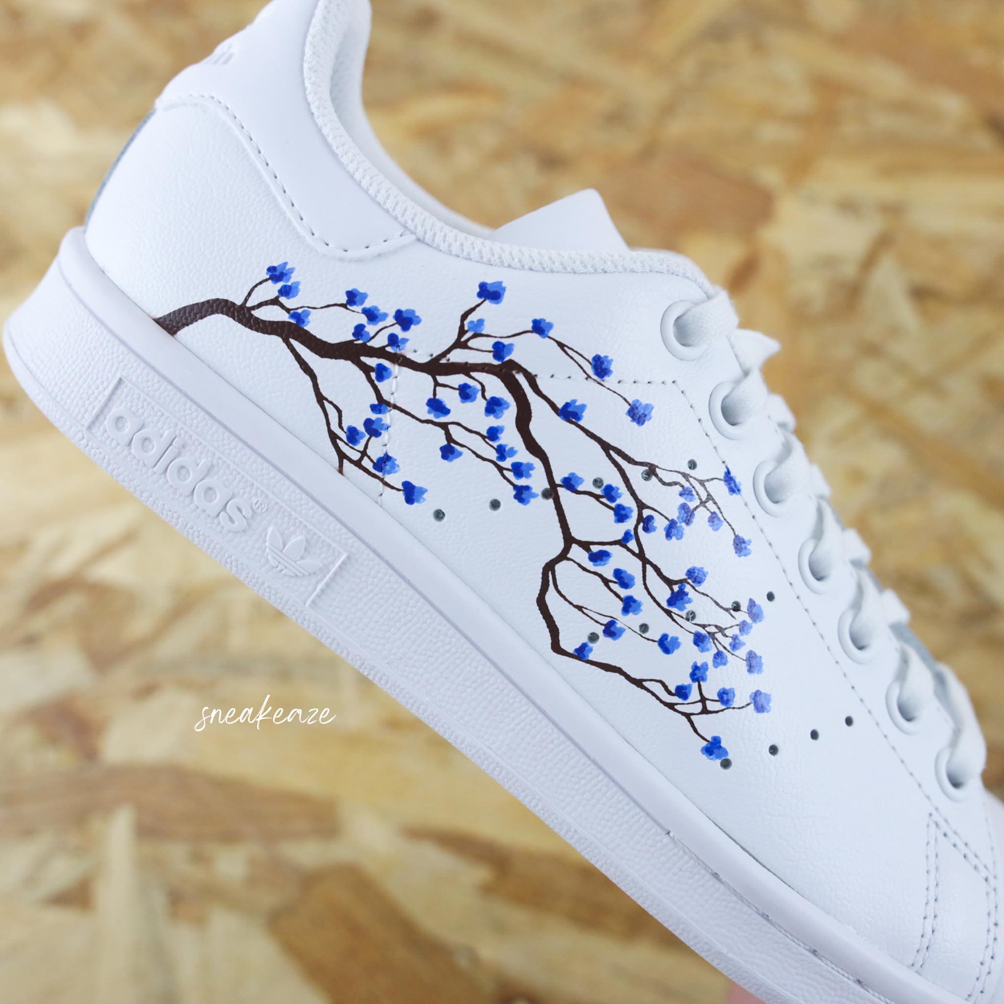 Stan Smith Custom - Sakura Cherry Blossom Blue Cherry Blossom Hand Painted Custom Sneakers