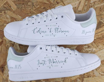 CUSTOM WEDDING personalized Stan Smith sneakers, "Just Married" with names and date, sage green