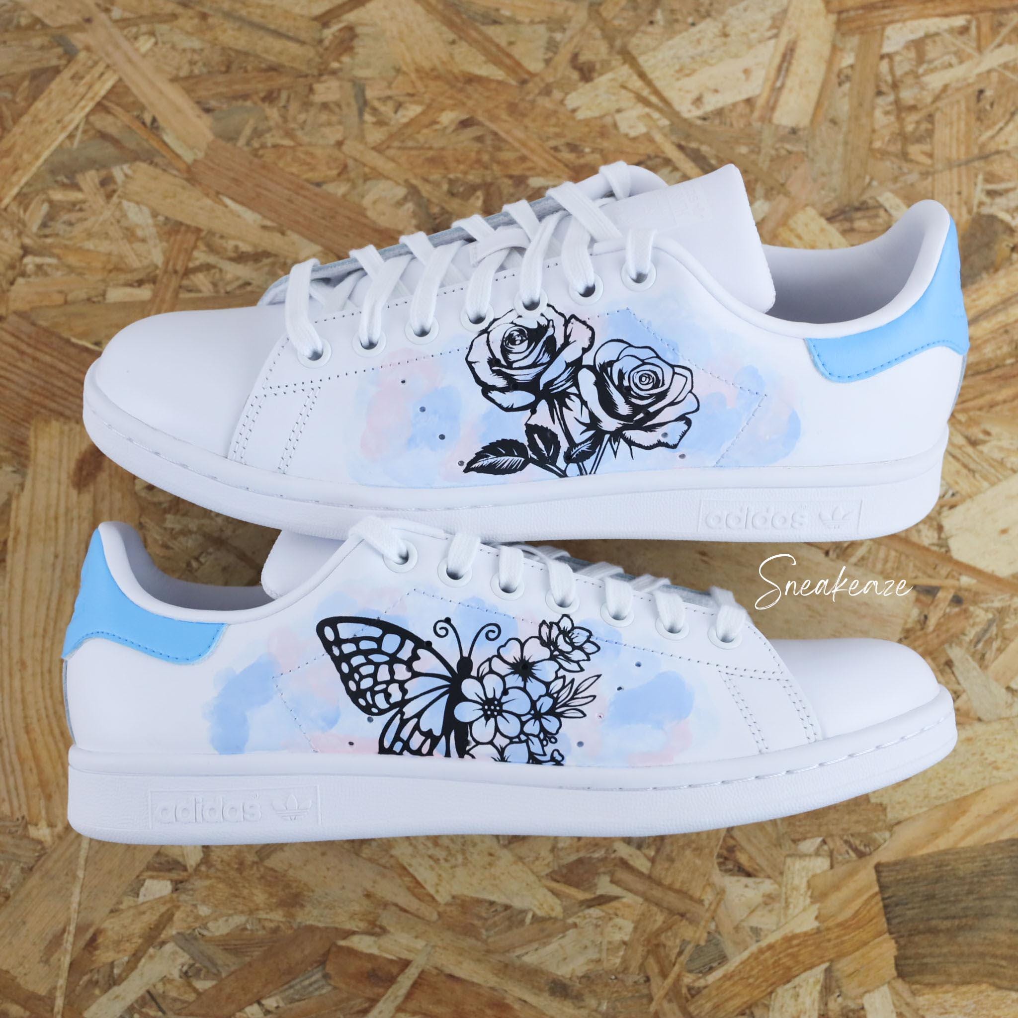 Stan Smith Custom Butterfly and Roses Watercolor Effect Personalized Sneakers Watercolor Flower Unisex