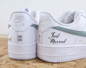 Custom Air Force 1 sneakers, Just Married style, sage green, unisex