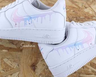 AF1 custom Air Force 1 Drip sneakers in a pastel gradient of pink, blue, and lilac with a flowing effect, unisex