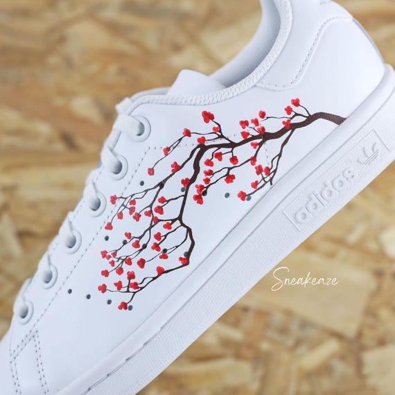 Custom Stan Smith - Custom Shoes - Hand Painted - Traditional Japanese Sakura Cherry Blossom Red Design