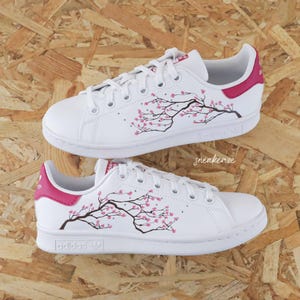 custom kids sneakers - stan smith Custom pink - Sakura Cherry Blossom designs - hand painted cherry blossom japan