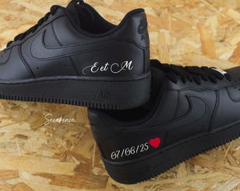 Custom Air Force 1 Black Custom Wedding Sneakers - Personalization of Initials and Date of the Day - Hand Painted Unisex
