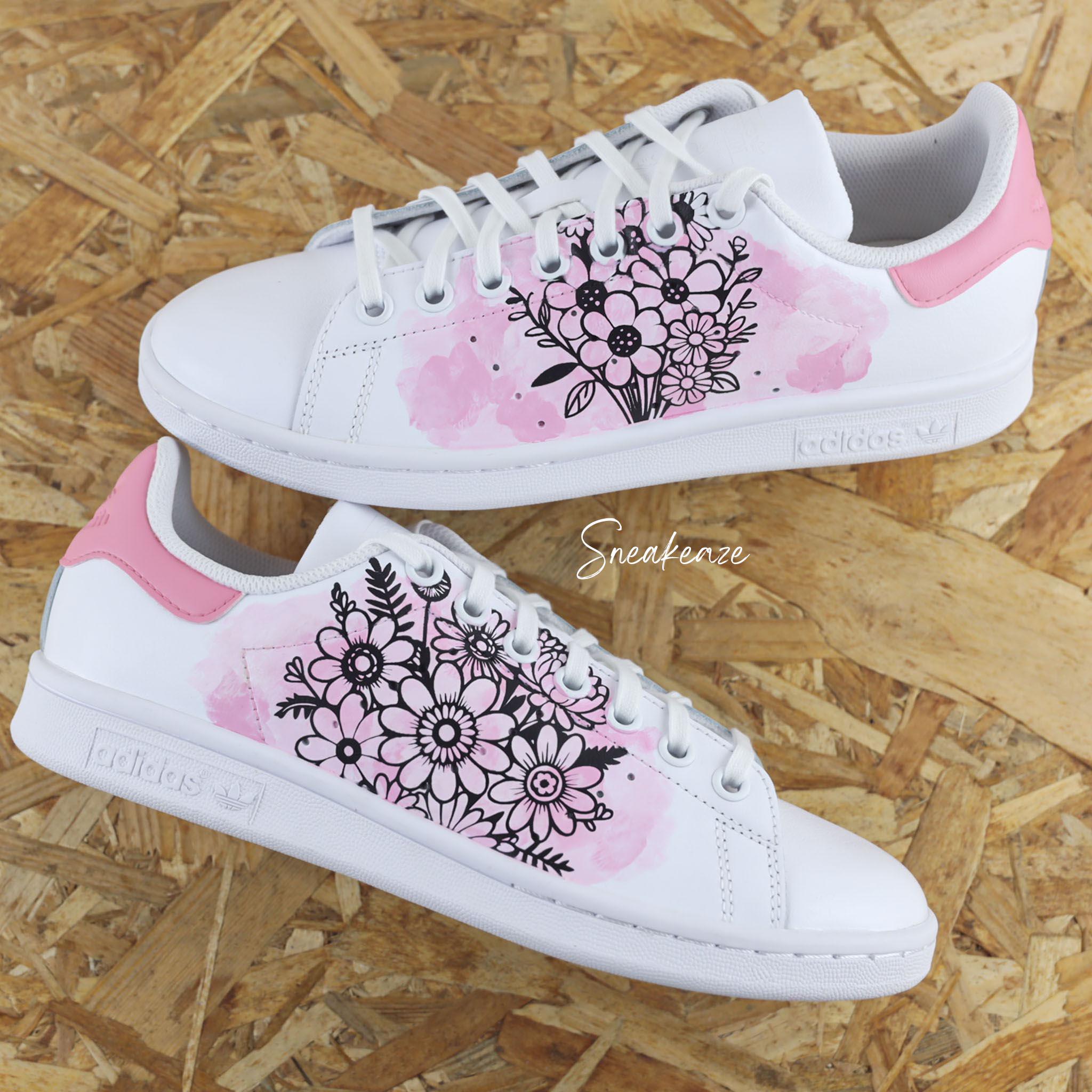 Custom Stan Smith Sneakers with Hand-Painted Watercolor Pink and Flowers