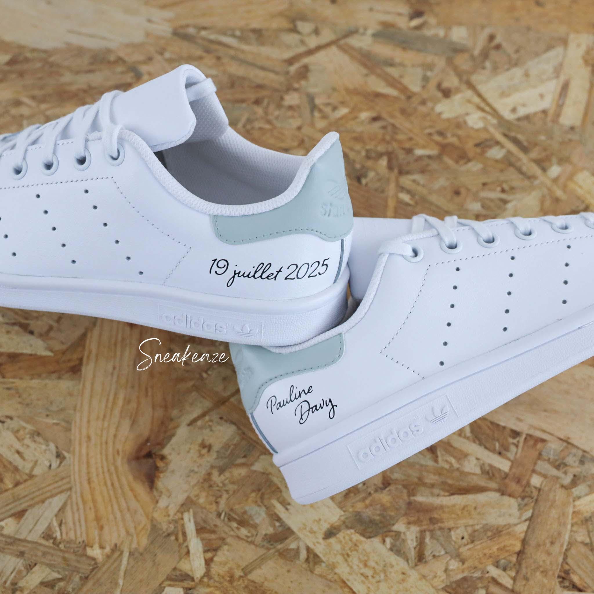 personalisierte Stan Smith Sneakers Individuelle Personalisierung Vornamen und Hochzeitsdatum Grünspan Hochzeit Unisex
