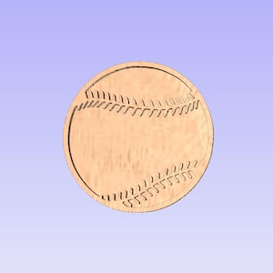 May include: A wooden baseball with detailed stitching carved into the surface. The baseball is a light brown color and set against a light blue background. The stitching is dark brown.