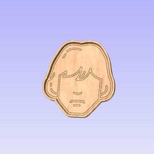May include: A wooden cutout of a person with short hair. The cutout is in the shape of a head and shoulders.