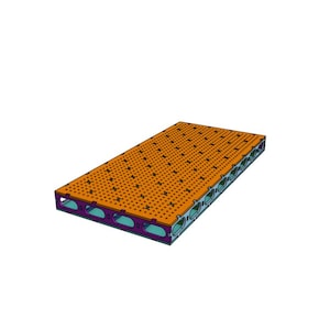 Puede incluir: Una plataforma naranja y morada con una cuadrícula de agujeros y una serie de aberturas rectangulares a lo largo de los lados.