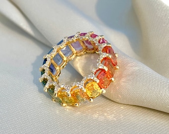 Rainbow Sapphire Ring, 14K Solid Gold, Multicolor Sapphire, Eternity Band Ring, Rainbow Gemstone Ring, Multicolor Band Ring, Gift For Her