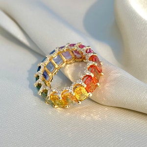 Rainbow Sapphire Ring, 14K Solid Gold, Multicolor Sapphire, Eternity Band Ring, Rainbow Gemstone Ring, Multicolor Band Ring, Gift For Her