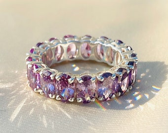 Lavender Sapphire Eternity Ring, 14K Gold Plated Ring, Oval Purple Sapphire Eternity Band, Gift Idea