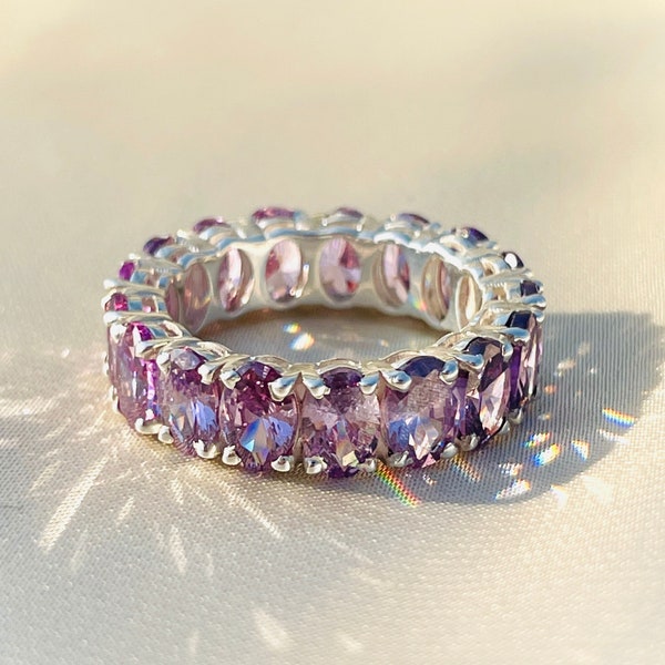 Lavender Sapphire Eternity Ring, 14K Gold Plated Ring, Oval Purple Sapphire Eternity Band, Gift Idea