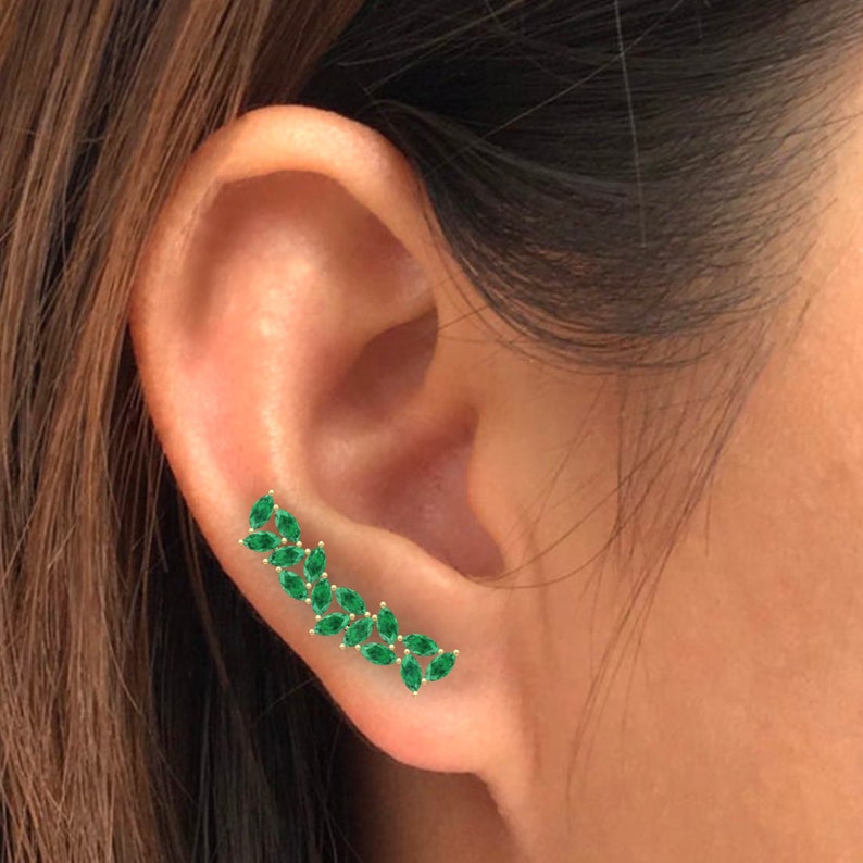 Natural Emerald Piercing Crawler Earrings Emerald Cartilage Earrings 14K Curved Emerald Earrings Ear Climbers Emerald Piercing