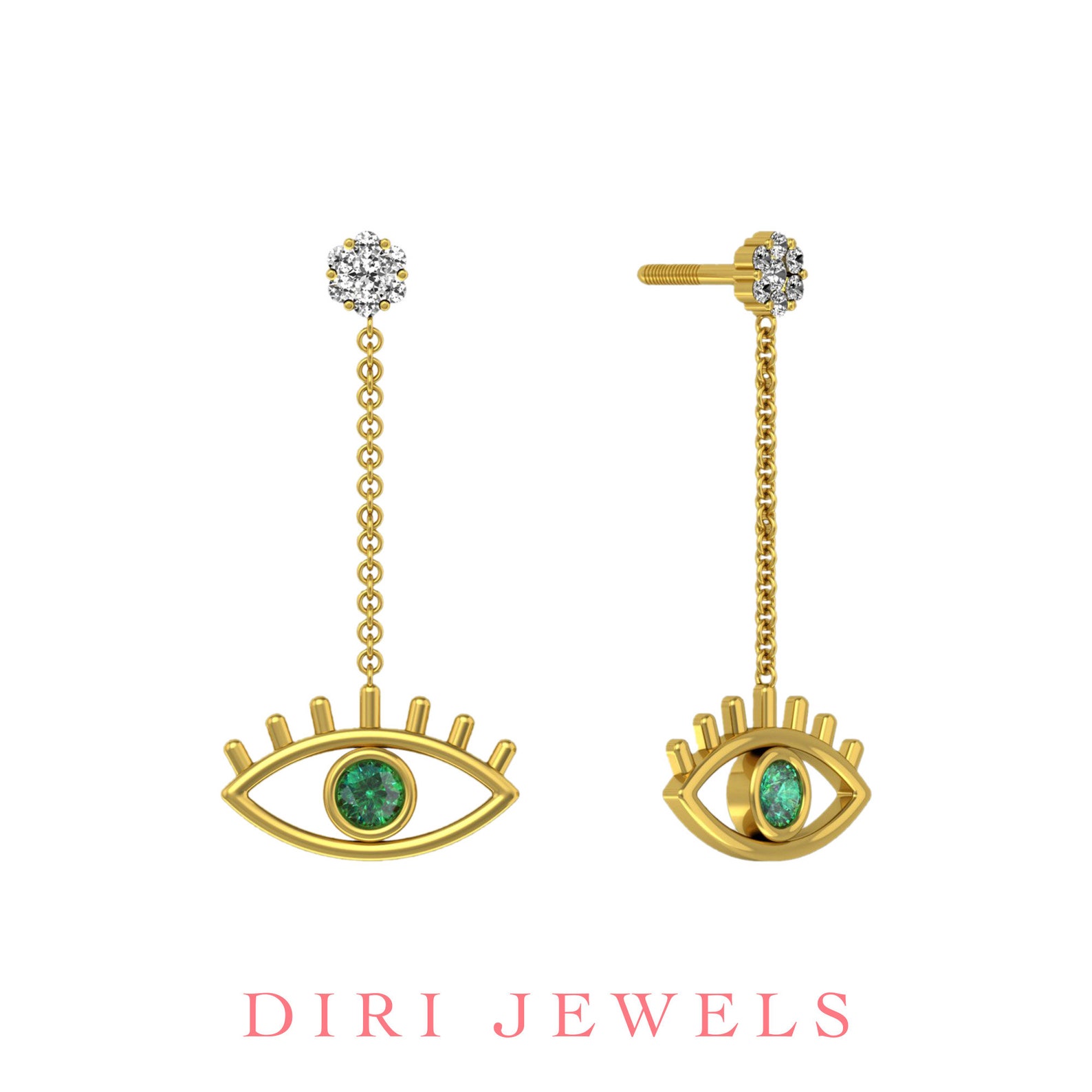 - 14K Solid Gold Emerald Evil Eye Earrings