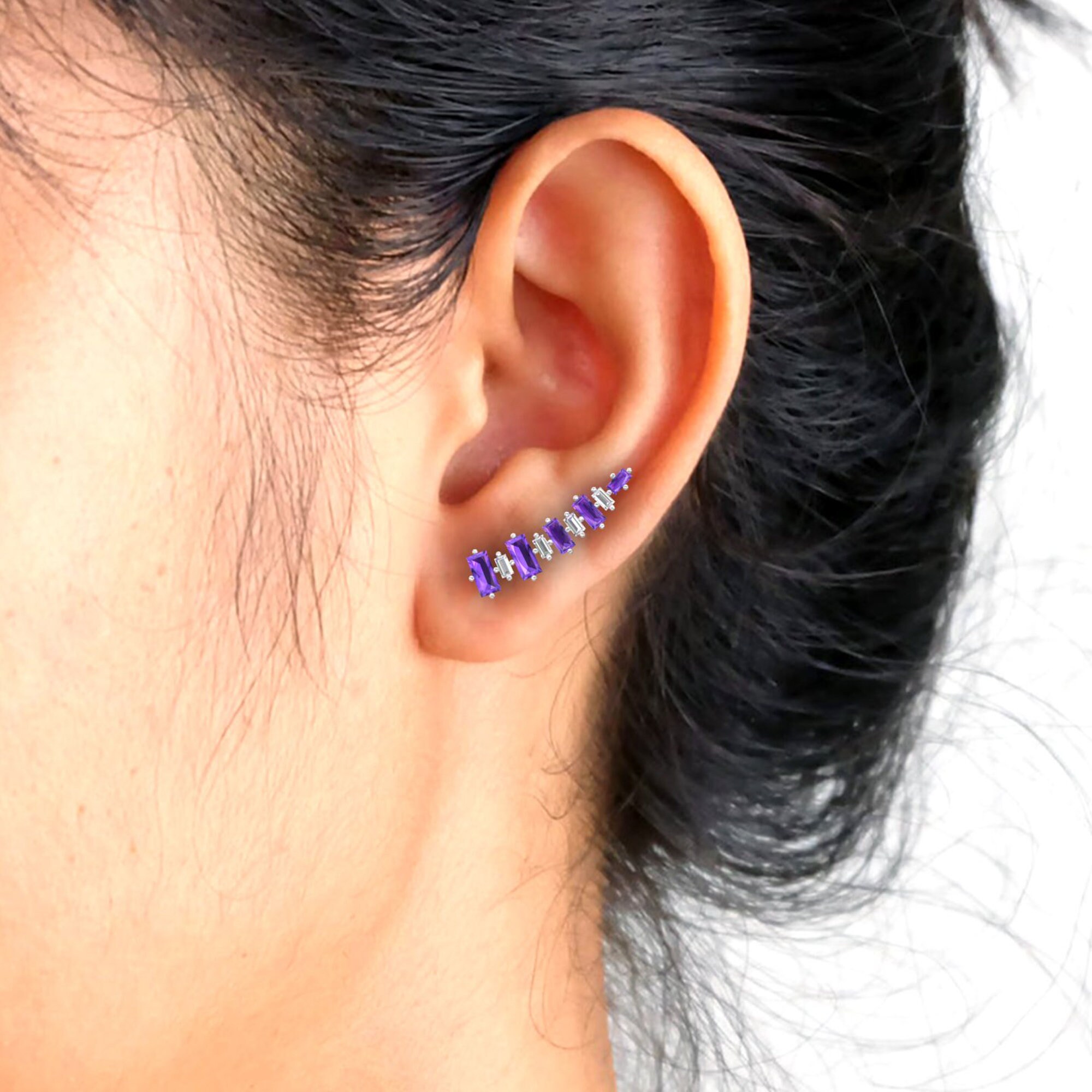 Amethyst Curved Earrings Diamond Cartilage Earrings Baguette Etsy