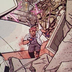 May include: Comic book panel depicting a man running from a large, mechanical creature. The scene is set amidst a crumbling structure, with debris and explosions. The man wears a white shirt, gray pants, and gloves. The creature is metallic and menacing.