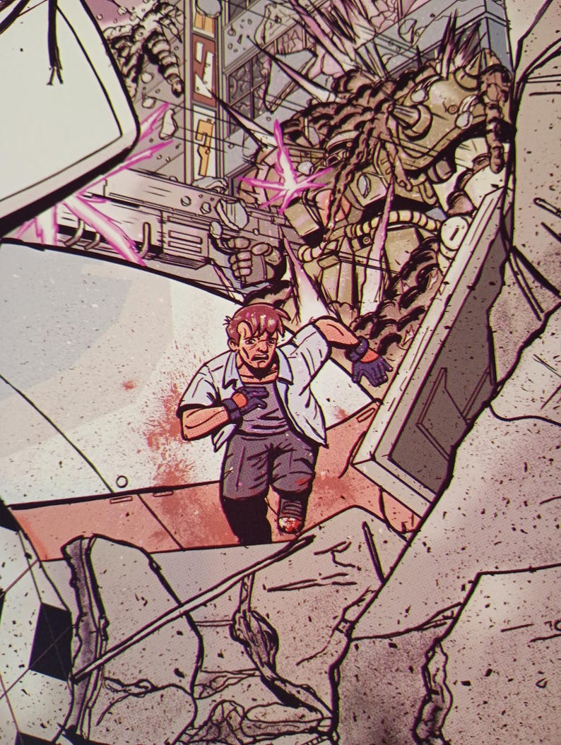 May include: Comic book panel depicting a man running from a large, mechanical creature. The scene is set amidst a crumbling structure, with debris and explosions. The man wears a white shirt, gray pants, and gloves. The creature is metallic and menacing.