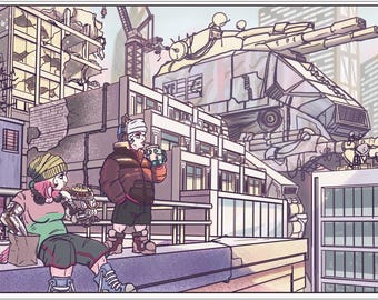 Bara en scen i betongdjungeln. Sci-fi-fantasikonsttryck, helt människoskapat.