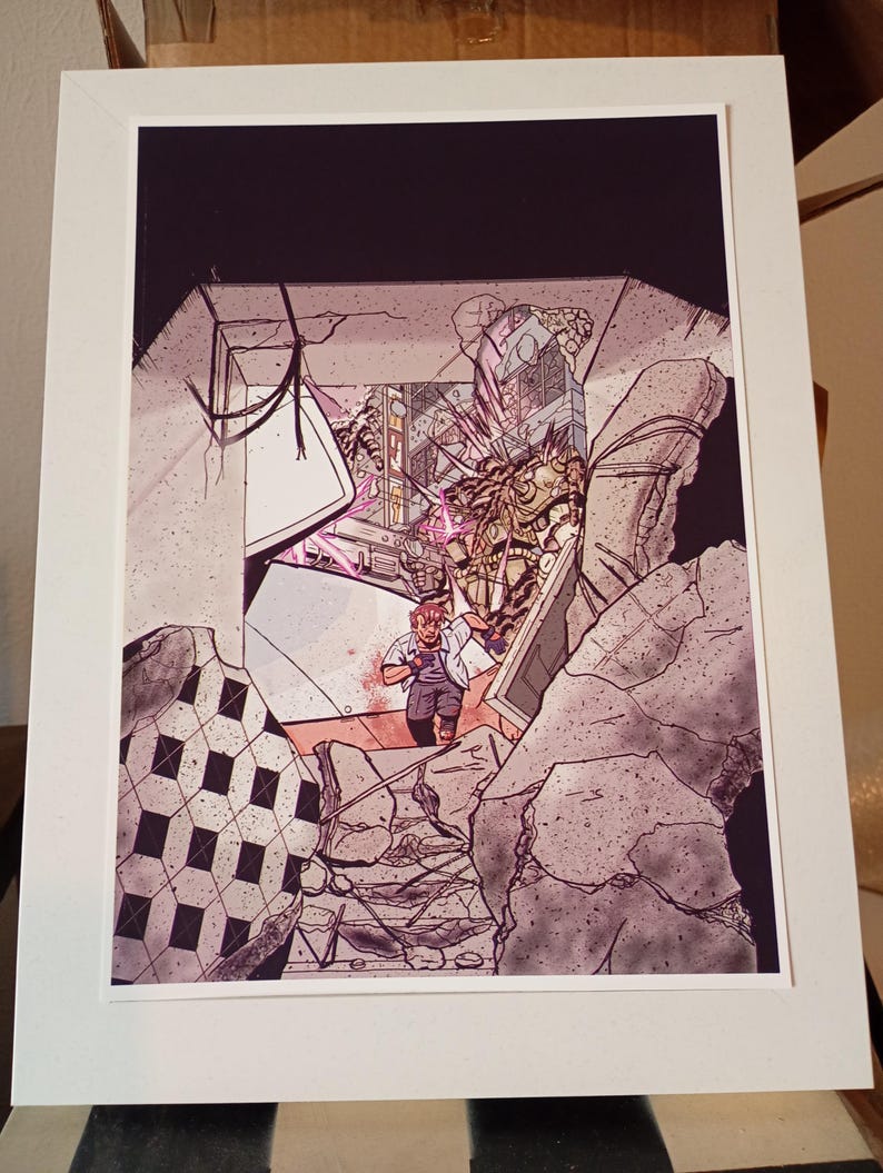May include: Framed comic book art print depicting a post-apocalyptic scene. A person in a white shirt and overalls runs through a destroyed building. The artwork features a color palette of gray, purple, and pink.