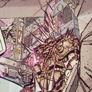 May include: Comic book illustration of a robot-like figure breaking through a building. The figure is metallic with spiky protrusions and is holding a weapon. A man in a lab coat is looking up in fear. The scene is rendered in shades of gray, pink, and brown.