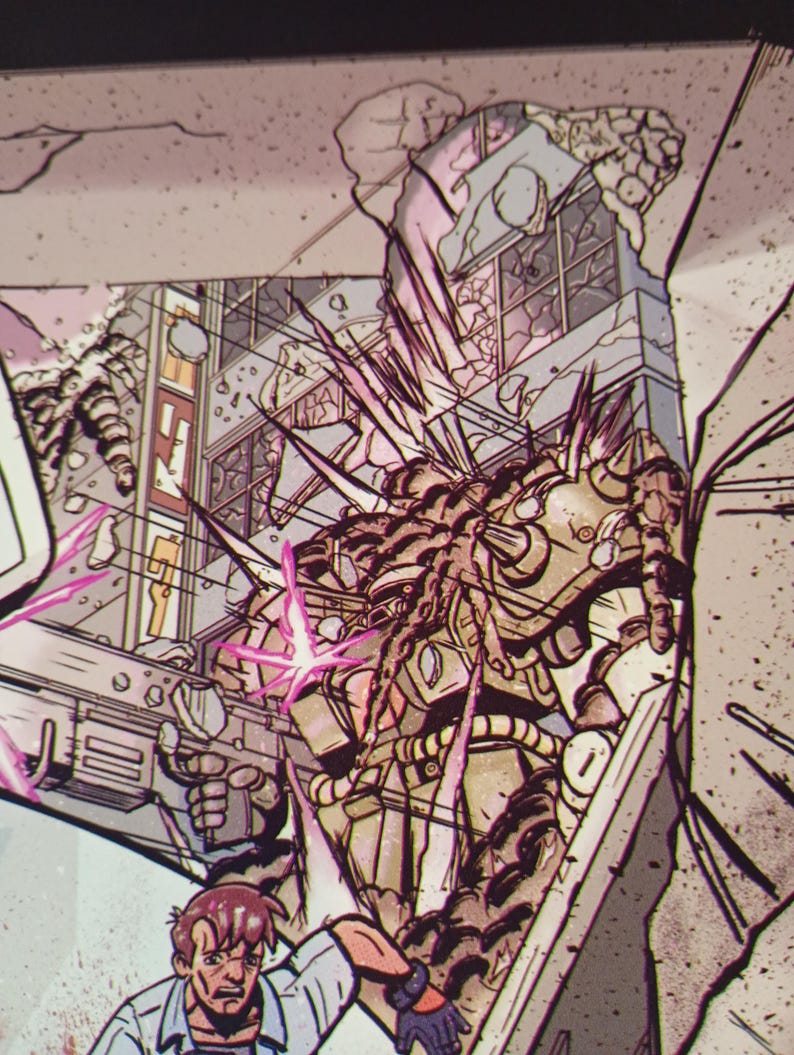 May include: Comic book illustration of a robot-like figure breaking through a building. The figure is metallic with spiky protrusions and is holding a weapon. A man in a lab coat is looking up in fear. The scene is rendered in shades of gray, pink, and brown.