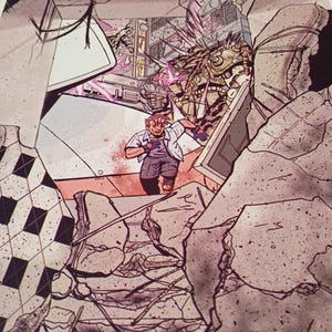 May include: Comic book illustration depicting a man running through a destroyed building. The scene is filled with rubble, debris, and a futuristic cityscape in the background. The color palette is muted with shades of gray, brown, and pink.