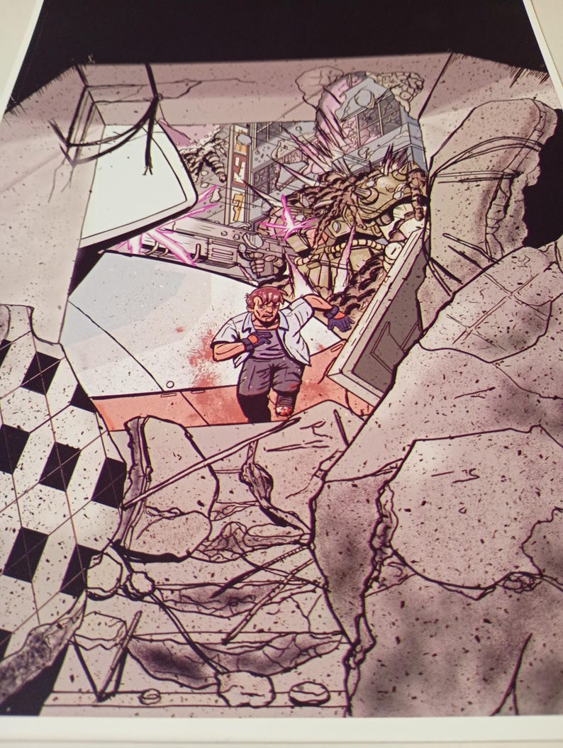 May include: Comic book illustration depicting a man running through a destroyed building. The scene is filled with rubble, debris, and a futuristic cityscape in the background. The color palette is muted with shades of gray, brown, and pink.