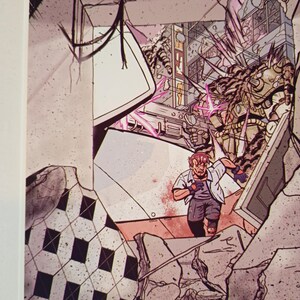 May include: Comic book illustration of a man running through a destroyed building. The scene is rendered in a comic book style with a color palette of gray, white, and pink. The man is wearing a white shirt and gray pants.