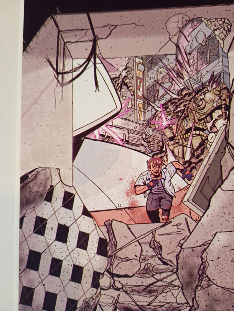 May include: Comic book illustration of a man running through a destroyed building. The scene is rendered in a comic book style with a color palette of gray, white, and pink. The man is wearing a white shirt and gray pants.