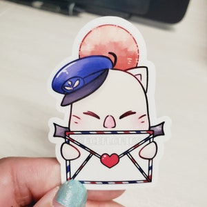 May include: A white cat sticker wearing a blue hat and holding a letter with a red heart. The sticker has a red and white striped border and a red watercolor sun in the background. The sticker has the text "@ACEFLORINS".