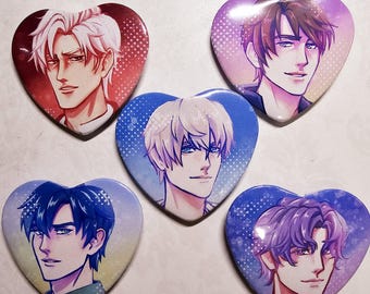 May include: Five heart-shaped buttons with anime-style portraits of men. Each button features a different character with a unique hairstyle and color scheme. The buttons are perfect for fans of anime and manga.