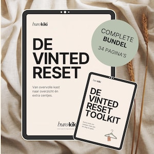 Op de afbeelding: Twee digitale tabletschermen met het merk burokiki. Het grotere scherm toont DE VINTED RESET en Van overvolle kast naar overzicht én extra centjes. Het kleinere scherm toont DE VINTED RESET TOOLKIT en een icoon van een kledinghanger.
