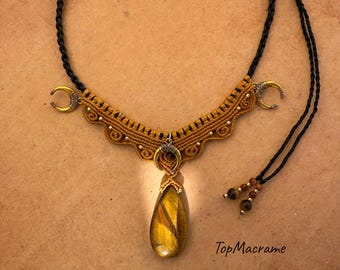 Macrame Necklace with Tiger Eye Stone Pendant