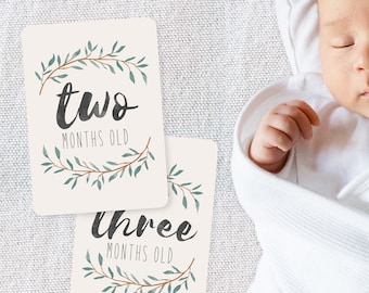 14 Baby Printable Milestone Month DIY Cards, Modern Botanical Baby Progress Cards, Watercolour Leaves Tropical Gender Neutral Photo Cards