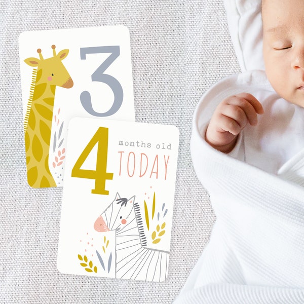 14 Baby Milestone Month DIY Cards, Gender Neutral Printable Baby Shower Gift, Baby Progress Cards, Giraffe Elephant Zebra Lion Keepsake