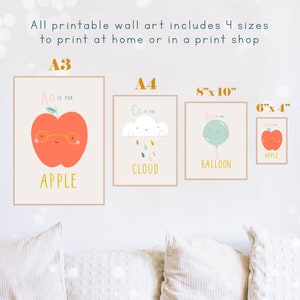 ABC Print Set of 3, Printable Nursery Wall Art Decor, Art Prints, Apple, Hot Air Balloon, Cloud, Playroom Posters, Modern Cute Kids Decor image 3