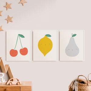 Cute Fruit Print Set of 3, Printable Nursery Wall Art Decor, Cherries, Lemon, Pear Playroom Posters, Modern Cute Kids Decor, Bright Wall Art