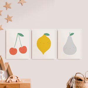 Cute Fruit Print Set of 3, Printable Nursery Wall Art Decor, Cherries, Lemon, Pear Playroom Posters, Modern Cute Kids Decor, Bright Wall Art