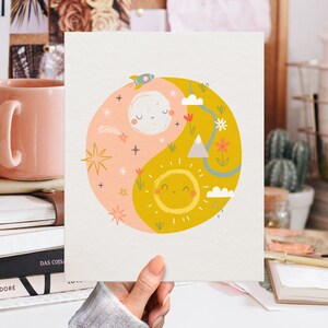 Sun & Moon Yin Yang, arte de parede para impressão, arte de parede de escritório, impressão DIY, impressão de citação, arte de parede de galeria, decoração fofa infantil, impressão ilustrada