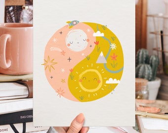 Sun & Moon Yin Yang, Printable Wall Art, Office Wall Art, DIY Print, Quote Print, Gallery Wall Art, Children&#39;s Cute Decor, Illustrated Print