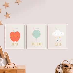 ABC Print Set of 3, Printable Nursery Wall Art Decor, Art Prints, Apple, Hot Air Balloon, Cloud, Playroom Posters, Modern Cute Kids Decor image 1