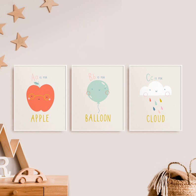 ABC Print Set of 3, Printable Nursery Wall Art Decor, Art Prints, Apple, Hot Air Balloon, Cloud, Playroom Posters, Modern Cute Kids Decor image 1