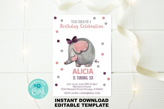 Elephant Invitation Birthday Party INSTANT DOWNLOAD Pink Girls Jungle Wild Party Animal Fun Invite Any Age Editable Printable WCBK402