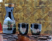 Japanese Sake Set, 3 Pc Sake Set, Mountain Temple Floral Scene, Black and Gold Porcelain Sake Set, Vintage Sake Set