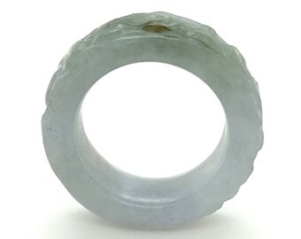 9US Grade a Jade Ring Icy White Carved Band Burmese Jadeite