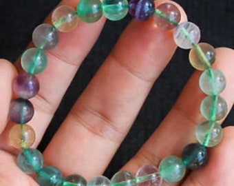 Bracelet de perles rondes en fluorite colorée naturelle 107,85 cts fait main au Brésil