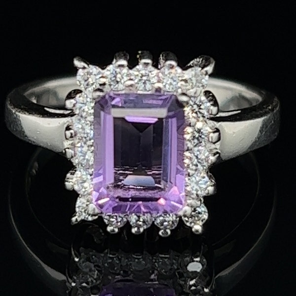 7US Natural Purple Amethyst Emerald Cut Promise Ring Sterling Silver