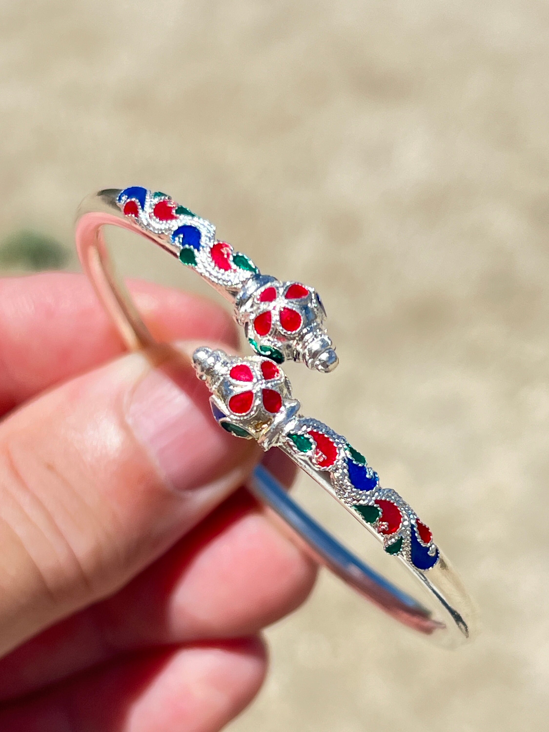925 Sterling Silber Handmade Rot Grün Blau gemalt Armband