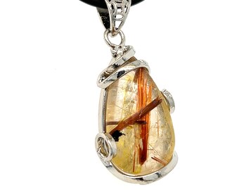 Golden Crystal Rutilated Quartz Pendant Wire Wrapped Teardrop Quartz Spiritual